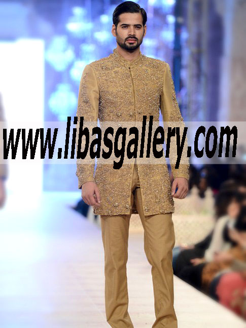 famous pakistani brand hsy presents golden wedding sherwani with gold and silver hand embellishment all over front cyprus usa dubai famous pakistani brand hsy presents golden wedding sherwani with gold and silver hand embellishment all over front cyprus usa dubai